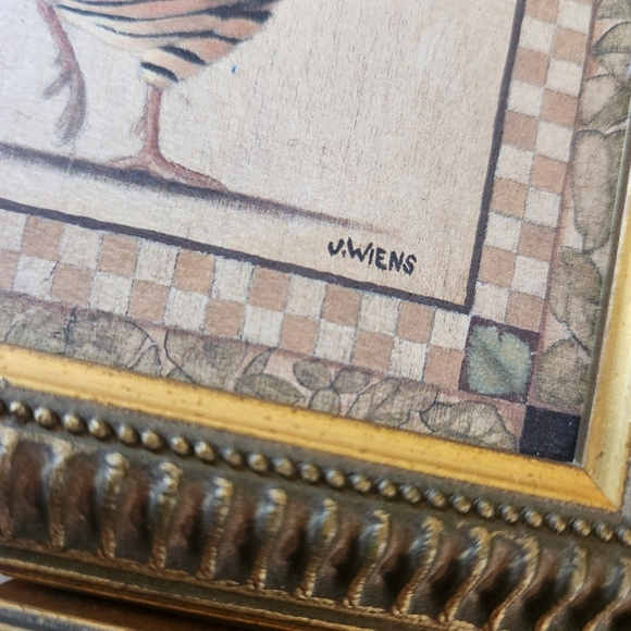 Exotic Chickens Rooster Gold Framed Print Leopard Animal Print Signed J. WIENS - Picture 5 of 8